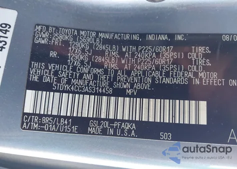 2010 Toyota Sienna Xle from USA, damaged, VIN 5TDYK4CC3AS314458
